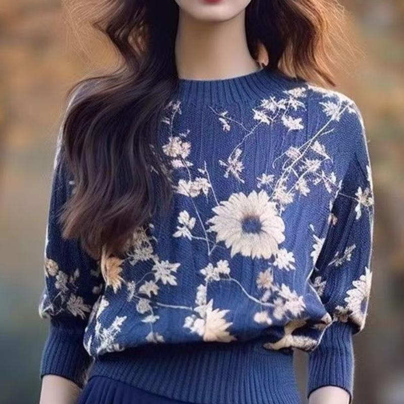 WTEMPO Women Long Sleeve Flower Pullover Sweater Soft Comfortable Jumper Fashion Knitwear Loose Sweater