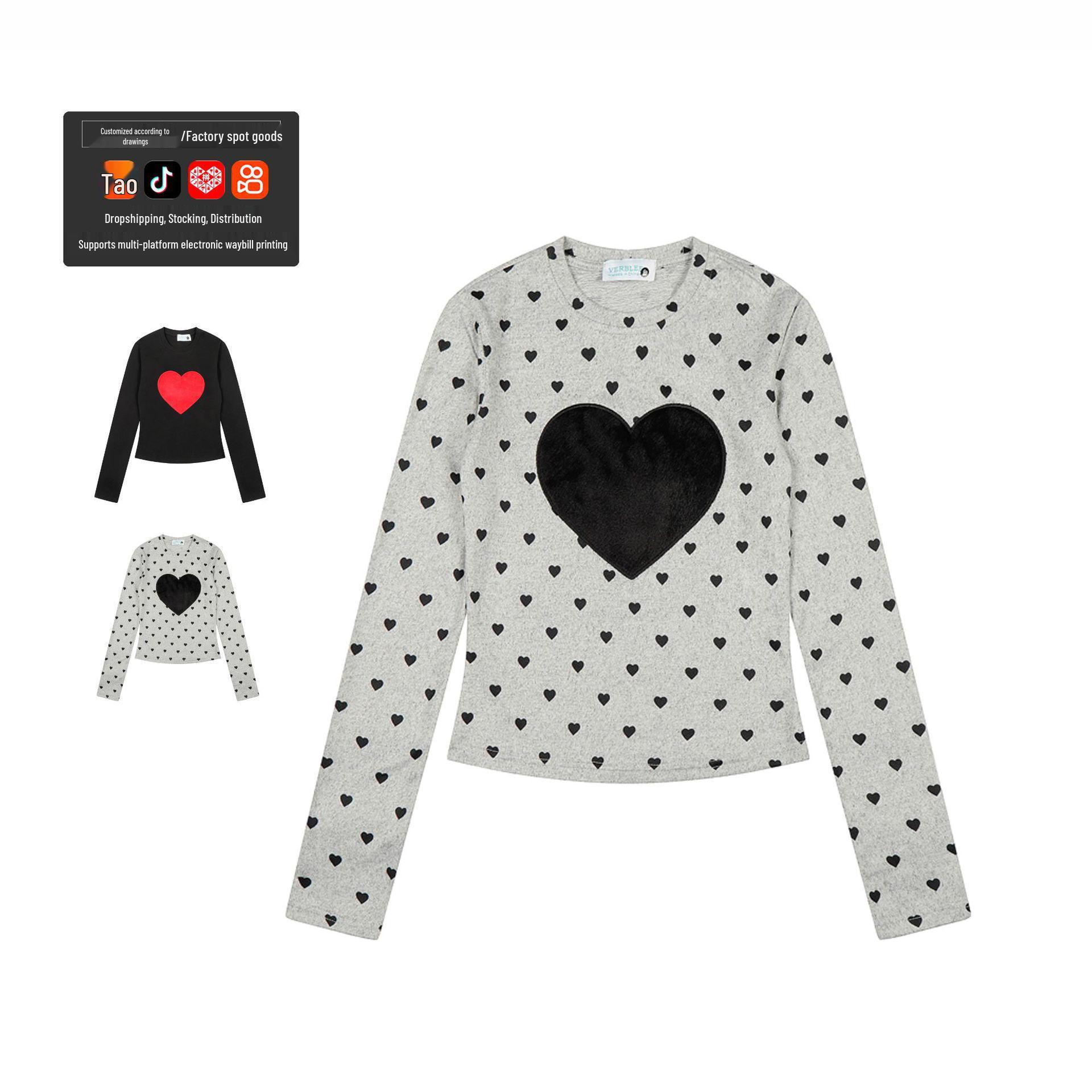 Women s American Retro Heart Embroidery Long-Sleeved Slimming Top Medium