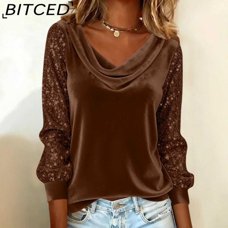 BITCED Fashion Women's Velvet Sequined Patchwork Long-Sleeved T-Shirt Top