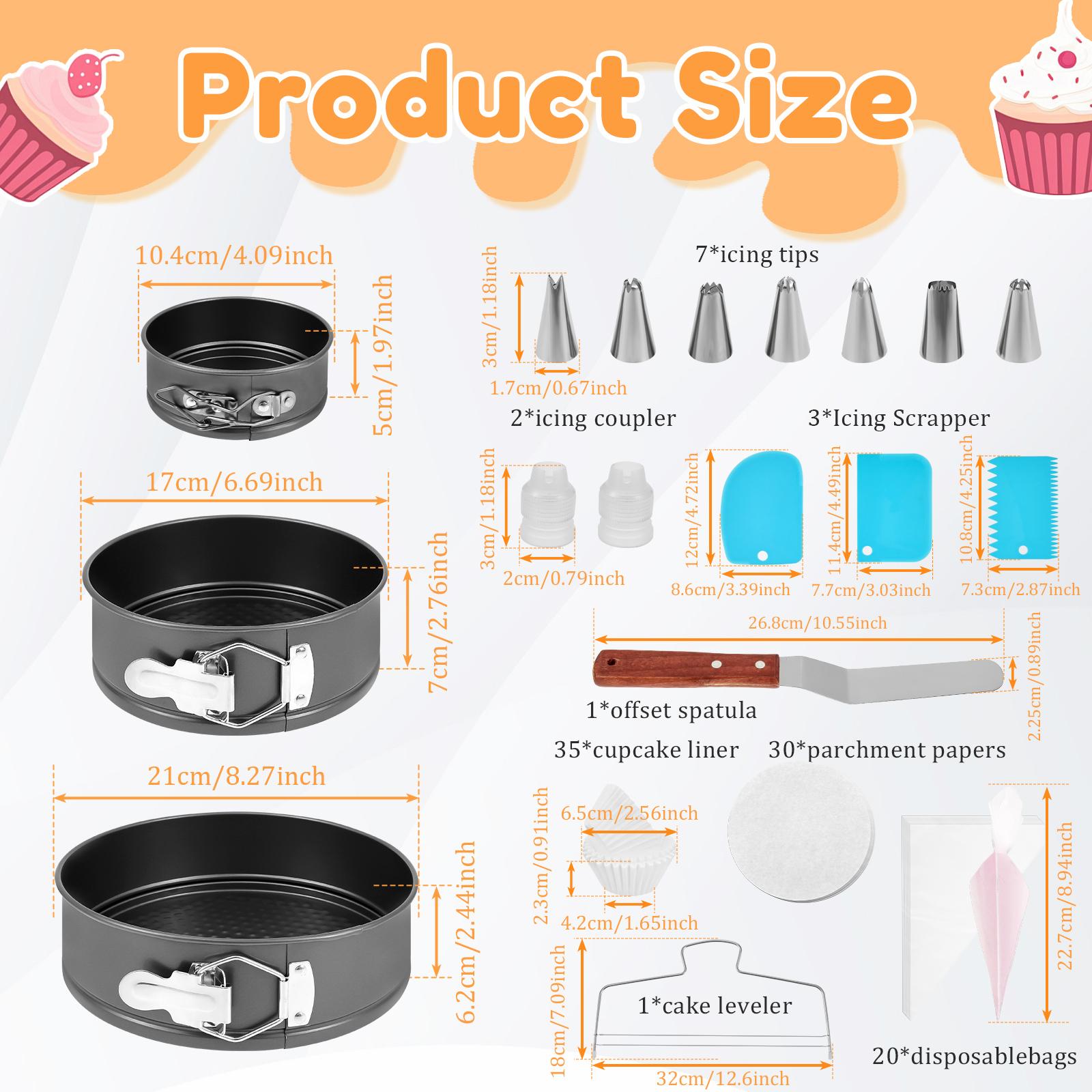 

102Pcs Cake Pan Set for Baking Cake Decorating Kit with 3 Nonstick Round Springform Pan (10.4/17/21 cm) Cupcake Leveler Spatula чёрный