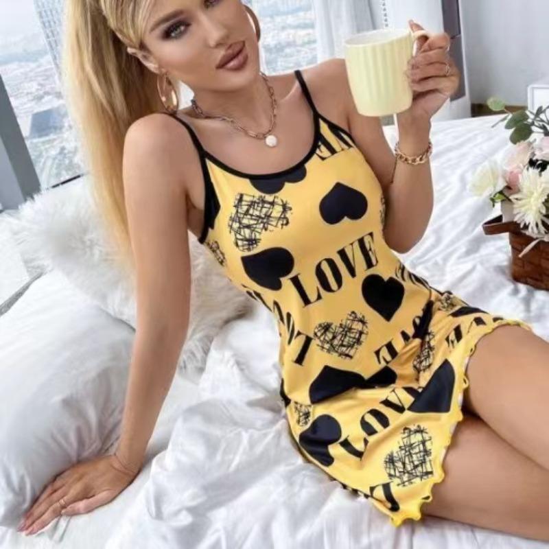 New Yellow Love Heart Nightgown Women's Mini Sleep Dress Spaghetti Strap Cami Sleepwear Casual Summer Gift Trendy