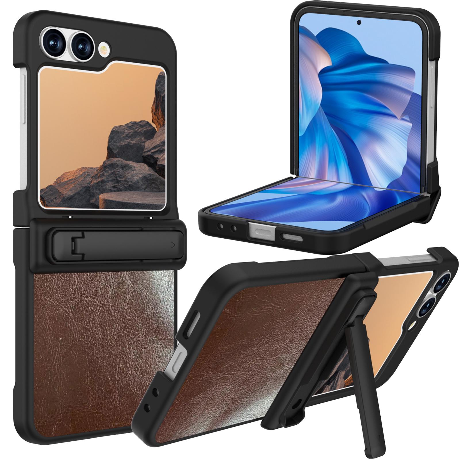 

GW181 For Samsung Galaxy Z Flip7 FE 5G/Flip6 5G Kickstand Case Crazy Horse Texture PU PC Phone Back Cover Dark Brown