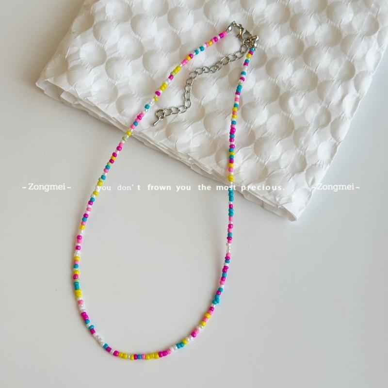 Mori sweet girl style DIY colored rice beads necklace female dopamine millet beads beaded neck chain necklace