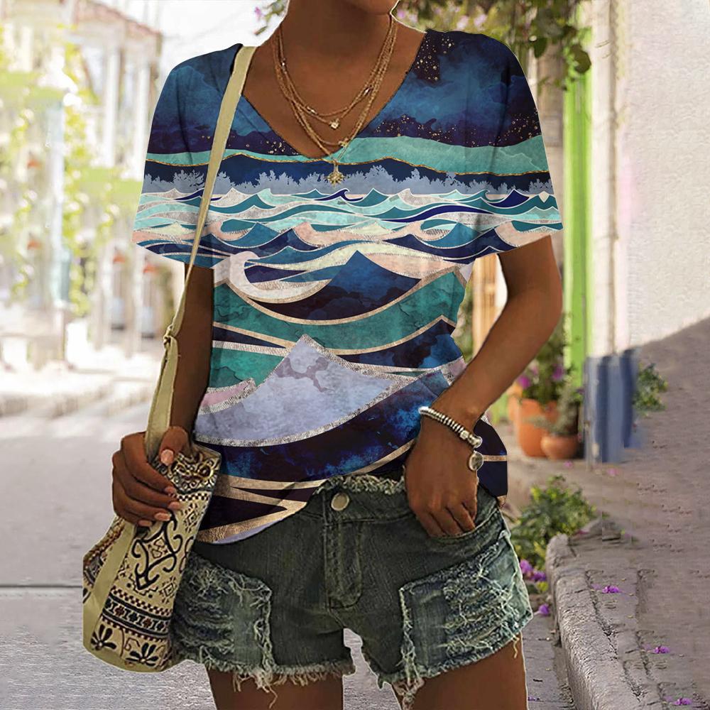 Printed Striped T-shirt New Simple Clothes Casual V-neck Short-sleeved T-shirt Retro T-shirt Summer