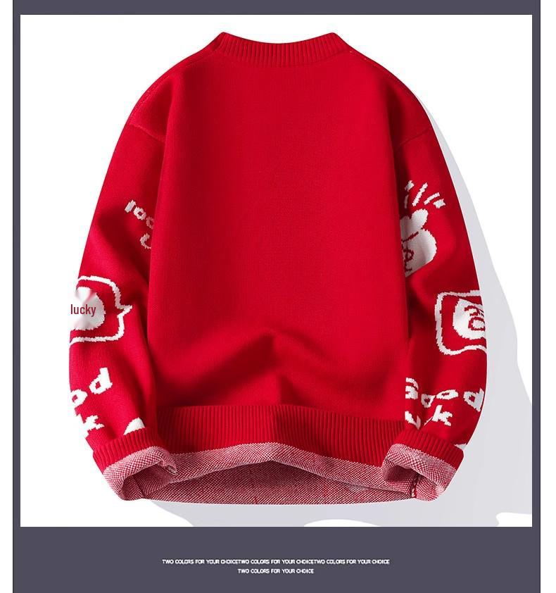 Herrstorlek Festlig Röd Stickad Tröja - Stjärntecken Rund Hals, Höst/Vinter, Exklusiv Känsla, Perfekt för Par