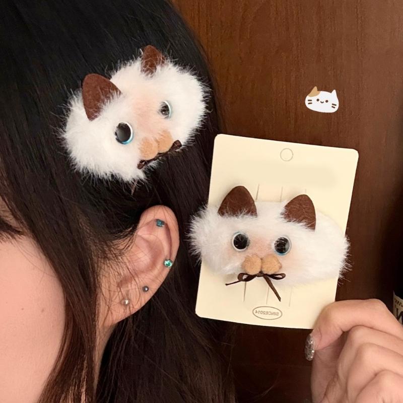 6Pcs Plush Siamese Puss Seal Hair Clip for Girls Soft Comfortable Hair Accessory Fashionable Side Clip for Daily Wear