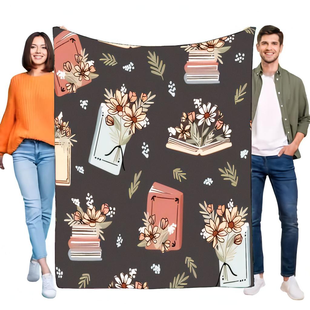 Floral Book Pattern Blanket Soft Cozy Throw for Bed Sofa, Lightweight Warm Blanket Ideal for Home Decor and Birthday Gifts