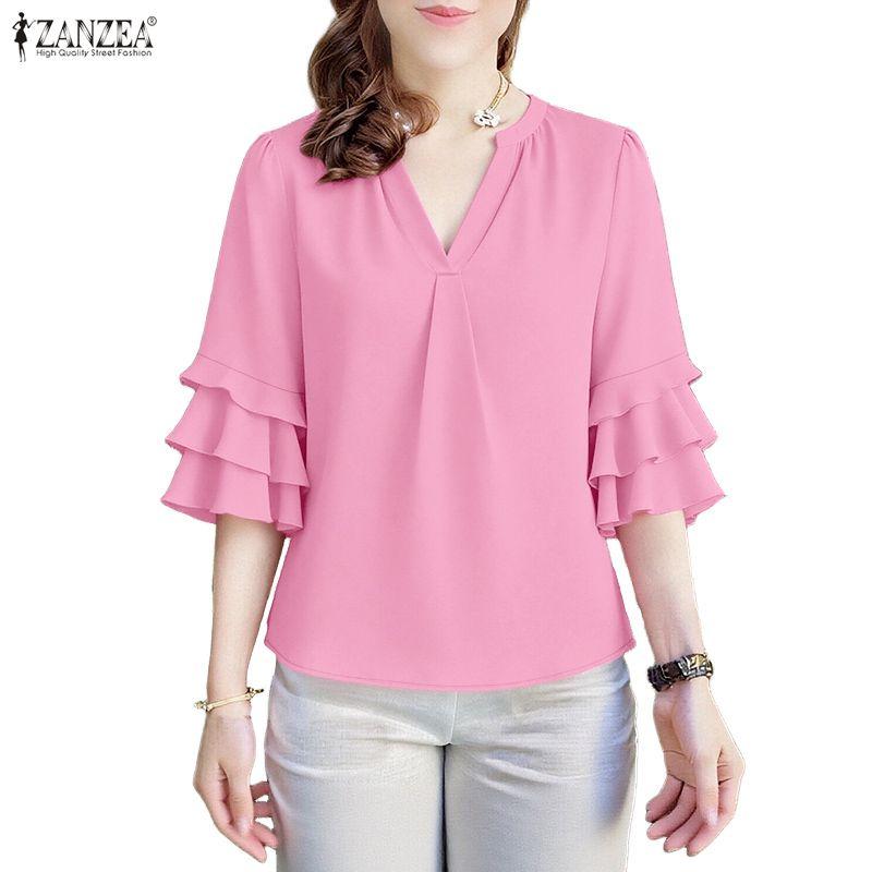 ZANZEA Women Casual V-Neck Ruffles Half Sleeve Loose Blouse
