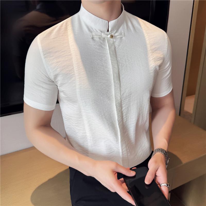 Men's Casual Shirt Chinese Style Stand Collar Slim Fit Shirts For Men Fashion Summer Thin Short Sleeve Blouse Homme