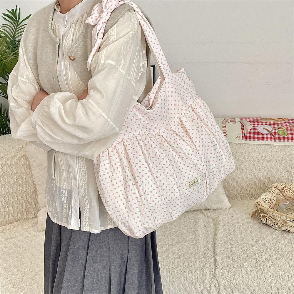 Yogodlns Lazy Large Capacity Tote Bag Belted Nylon Shoulder Bag Casual Underarm Bag Spring Summer New Dot Design Casual Handbag 43x13x37cm розовый