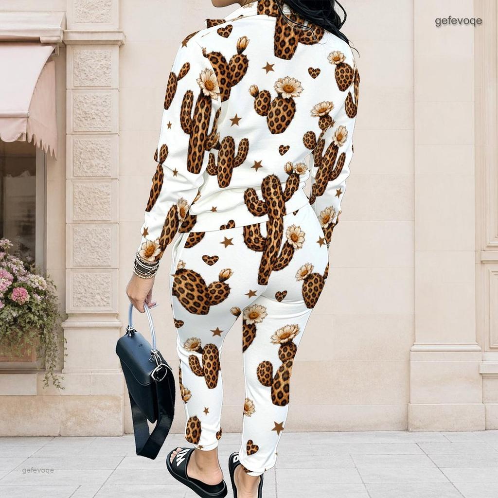 Women Plus Size White Printed Long Sleeve Zip Front Jacket And Long Pants Set