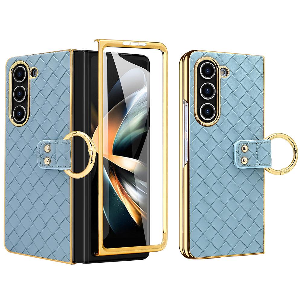 Für Samsung Galaxy Z Fold5 5G Hülle Gewebte Textur Leder+PC Handyhülle mit Rückseitenfolie