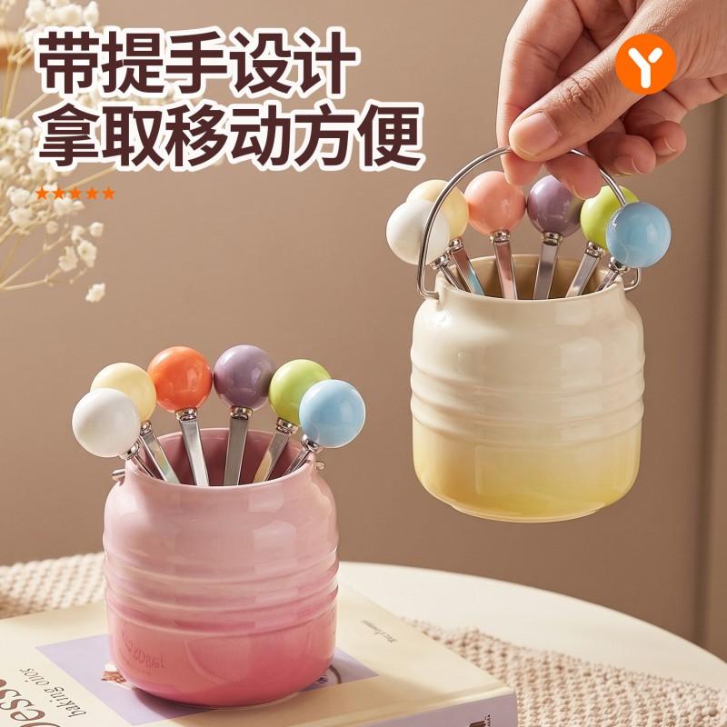 304 Stainless Steel Fruit Fork Set With Ceramic Storage Jar Pastel Color Cute Kids Adult Kitchen Dining Accessory