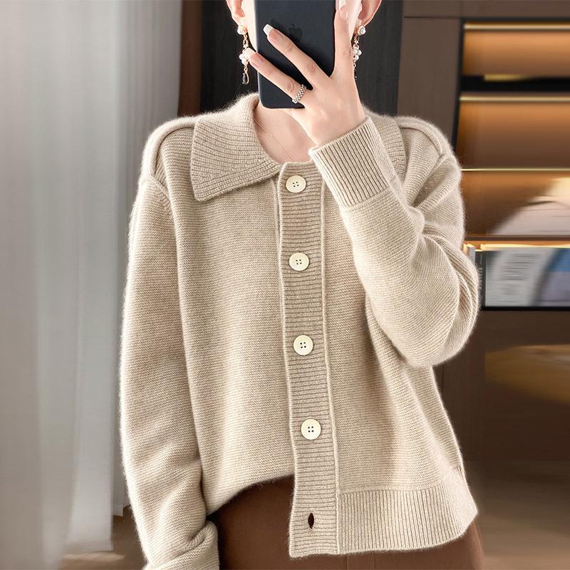Women's Soft Breeze Polo Knit Cardigan - Lapel, Solid Color, Loose Fit, Slimming, Soft Texture, Long Sleeve Sweater Top.