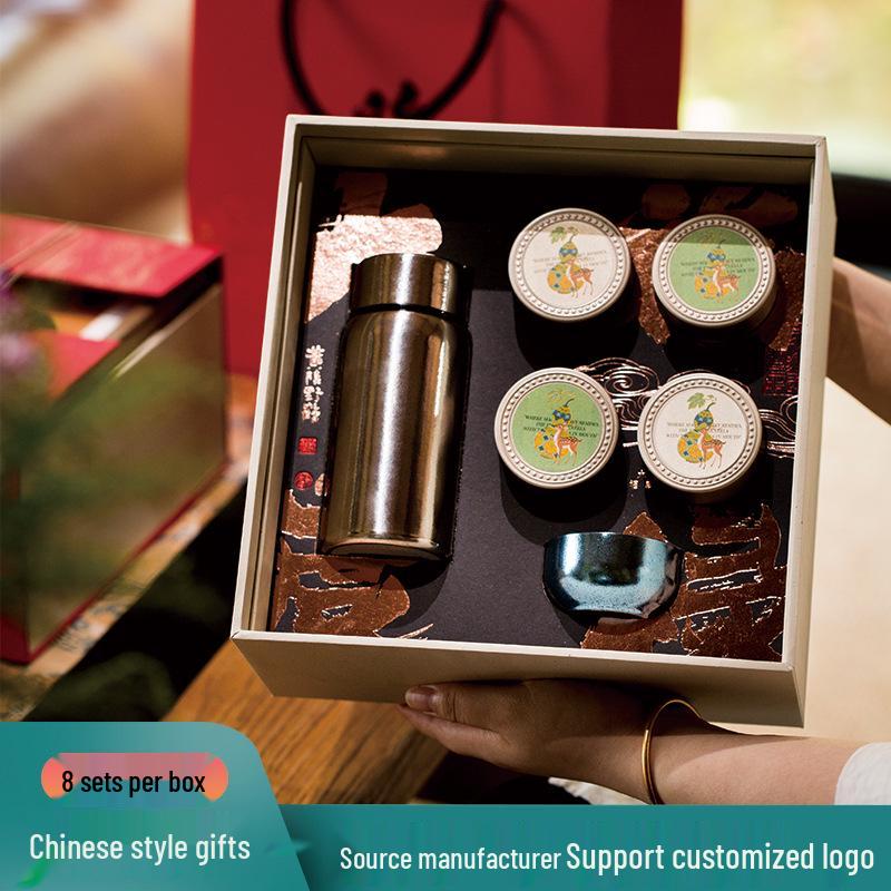 Chinese Fortune & Prosperity Thermos Gift Set: Titanium Cup, Retro Teapot, Tea Canister