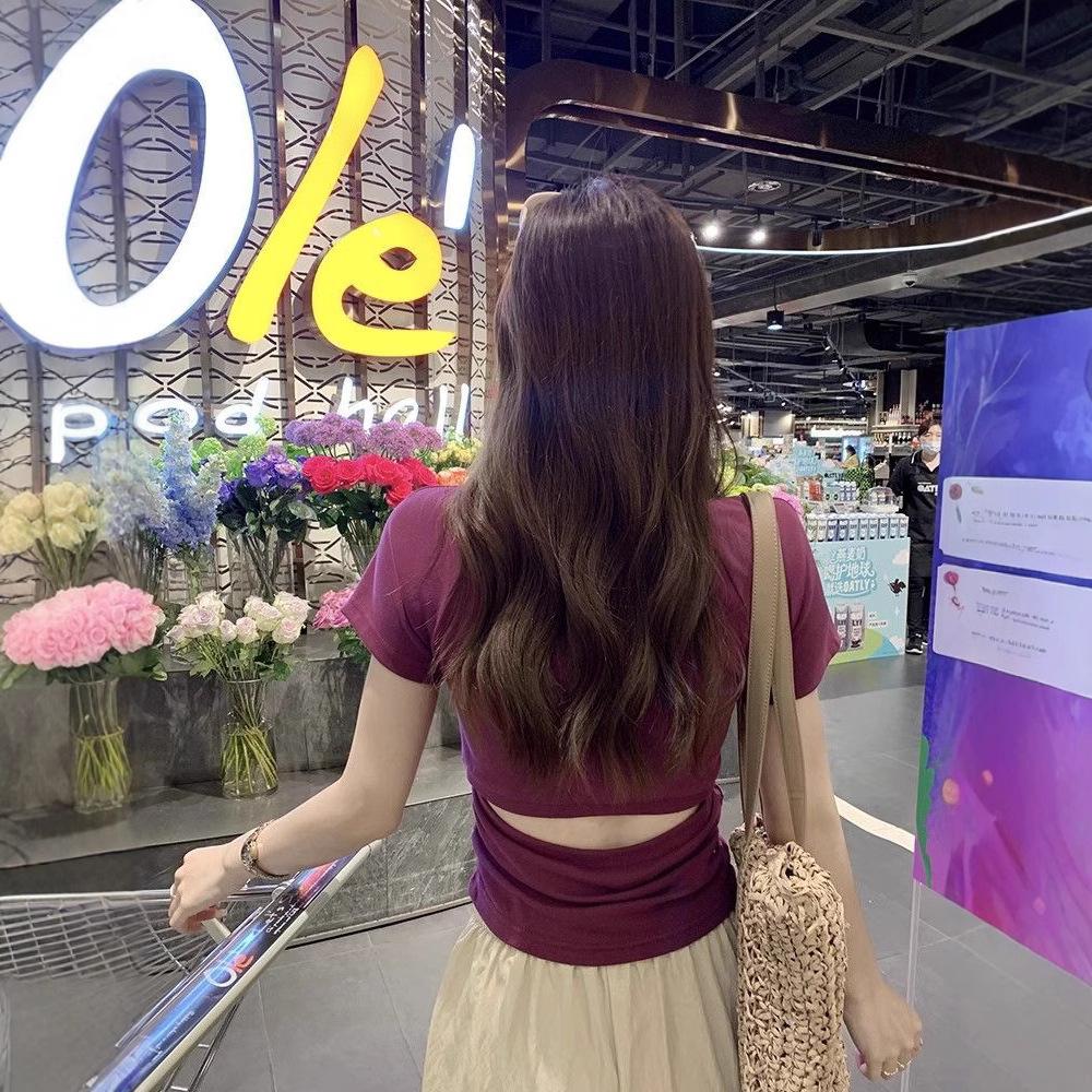 Purple Pure and Sexy Short-sleeved T-shirt for Women's Design, Backless Slim-fit and Slim Shoulder Top, Summer New Style