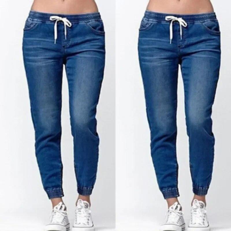 2023 Autumn Elastic Waist Drawstring Womens Trousers Casual Washing Pencil Pants Fashion Loose Jeans 30210