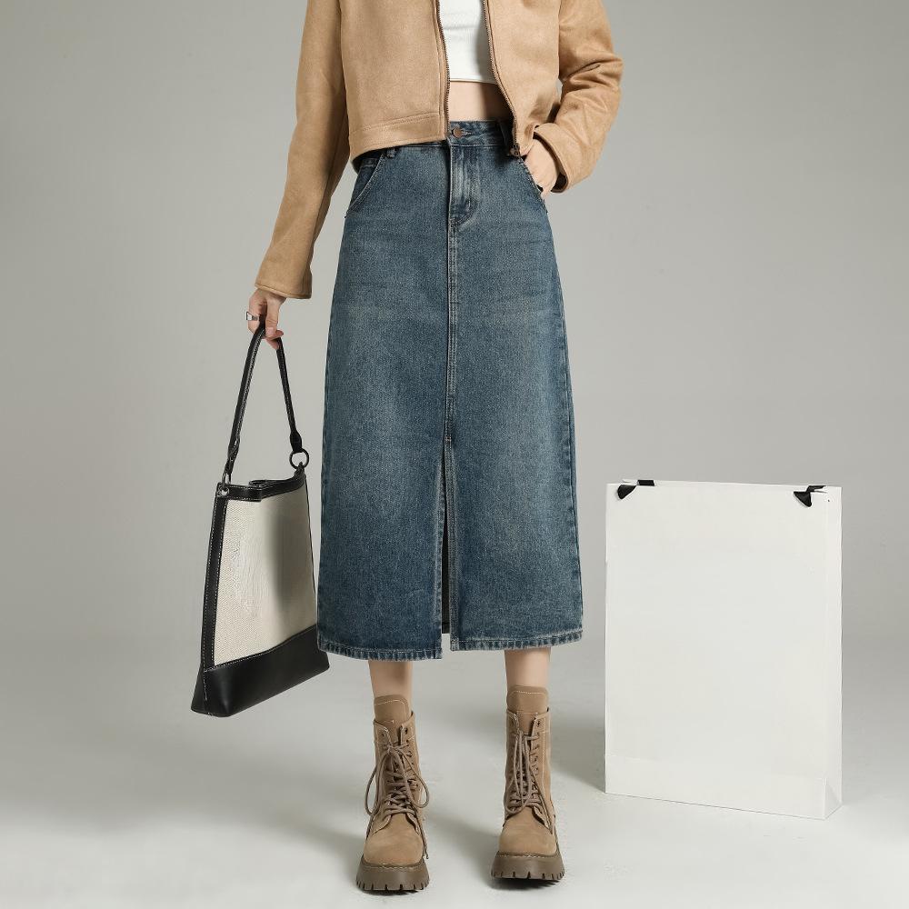 Denim Skirt Women High Waist Split Skirt Women Thin A-line Skirt