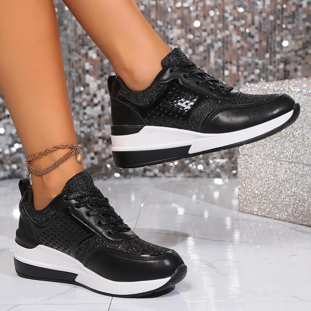 Zapatillas de Plataforma con Tacón de Cuña para Mujer Talla Grande Transpirables Lentejuelas Punta Redonda con Cordones Primavera y Otoño Zapatillas Casuales