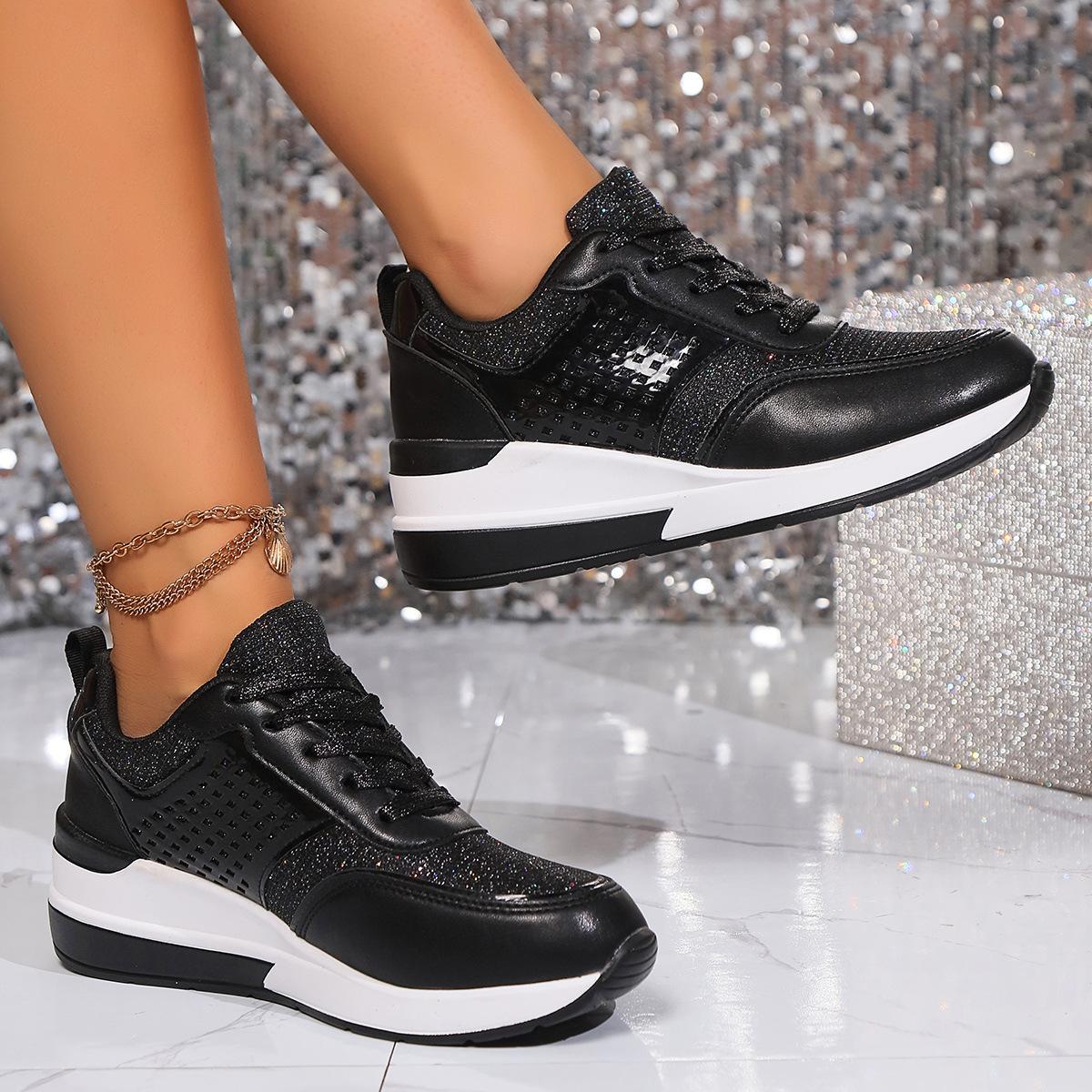 

Женские кроссовки на платформе с покатым каблуком, большого размера, с дышащими блестками, круглым носком, со шнуровкой, повседневные кроссовки на весну и осень 40 чёрный