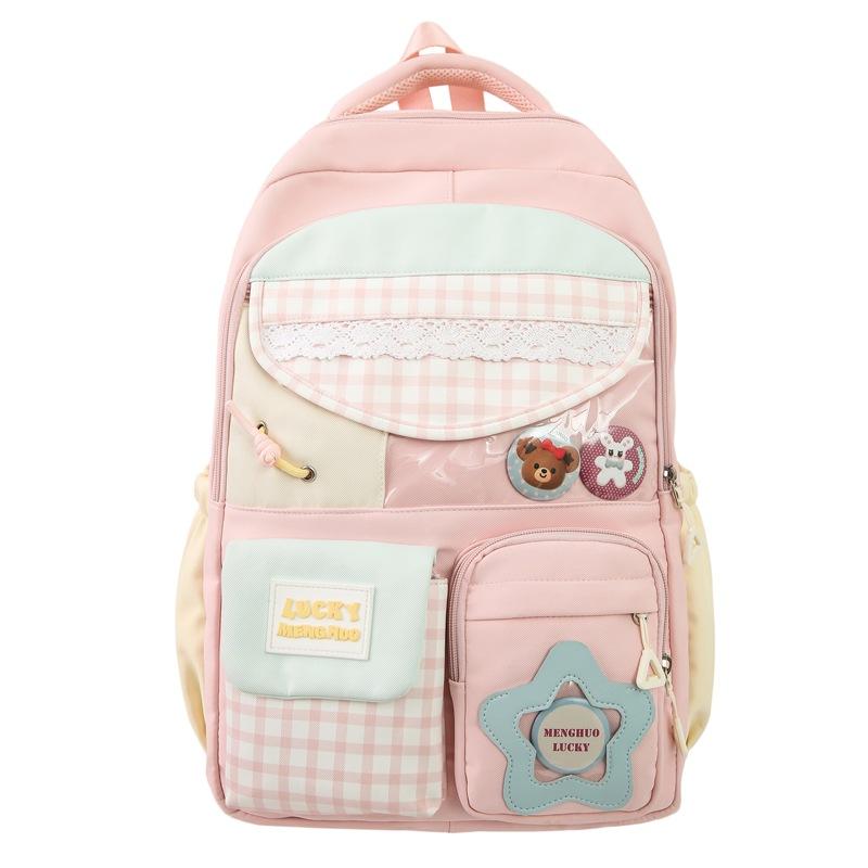 Plaid Backpack Junior High School Student Lightweight Schoolbag Color Block Large Capacity Backpack