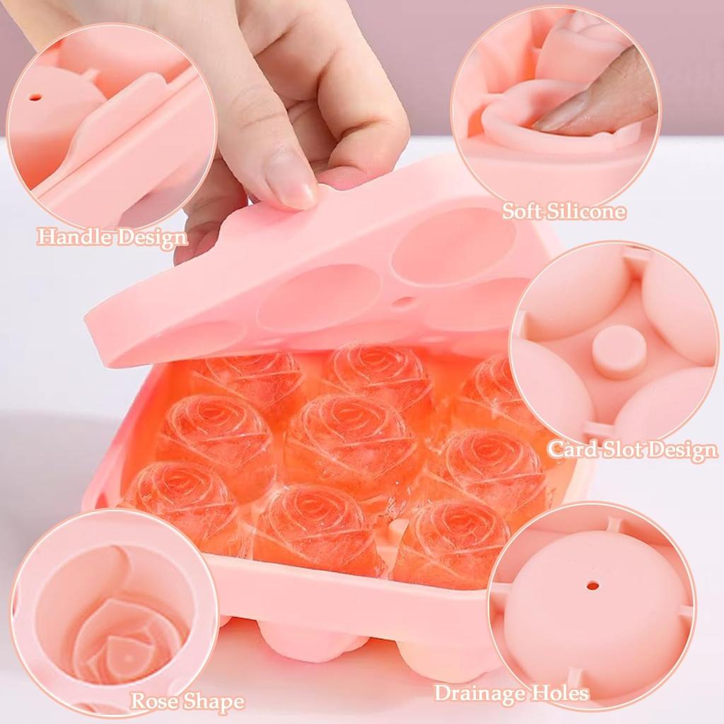 Ice Cube Mold with Lid, Silicone Rose Ice Cube Tray with Mini Tongs, Rose Ice Cube Trays for Freezer, Easy Release Ice Trays Maker, Make 9 Ice Ball