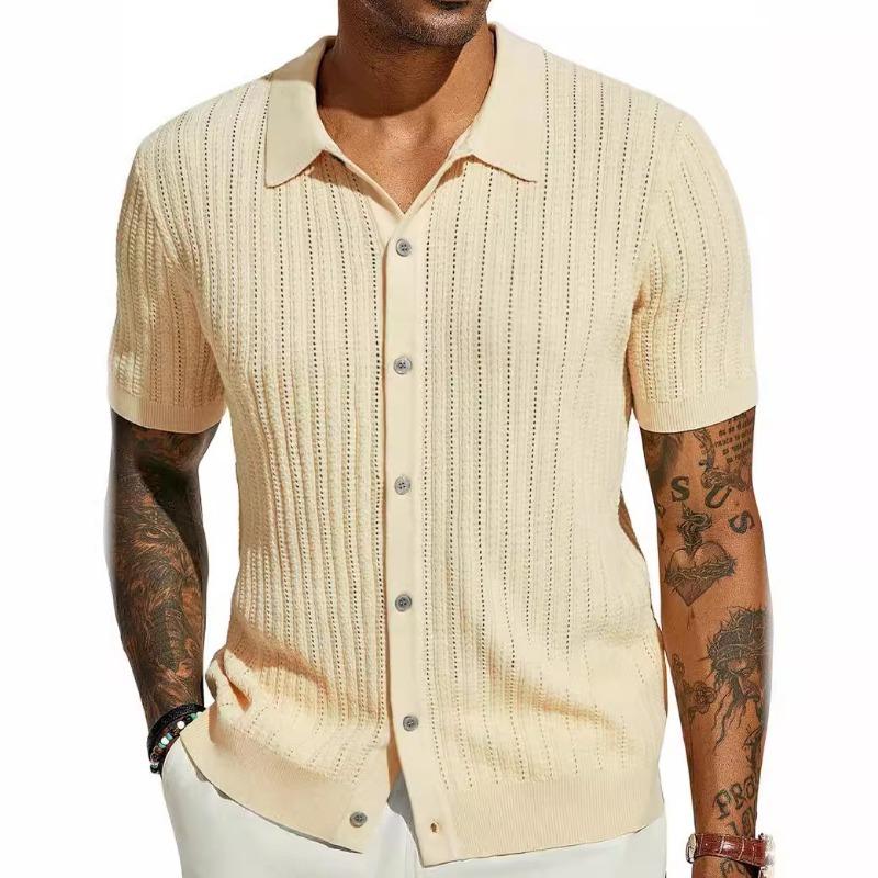 

Mens Casual Tops Summer Cool Knitted Shirts Short Sleeved Lapel Solid Color Tops S абрикосовий