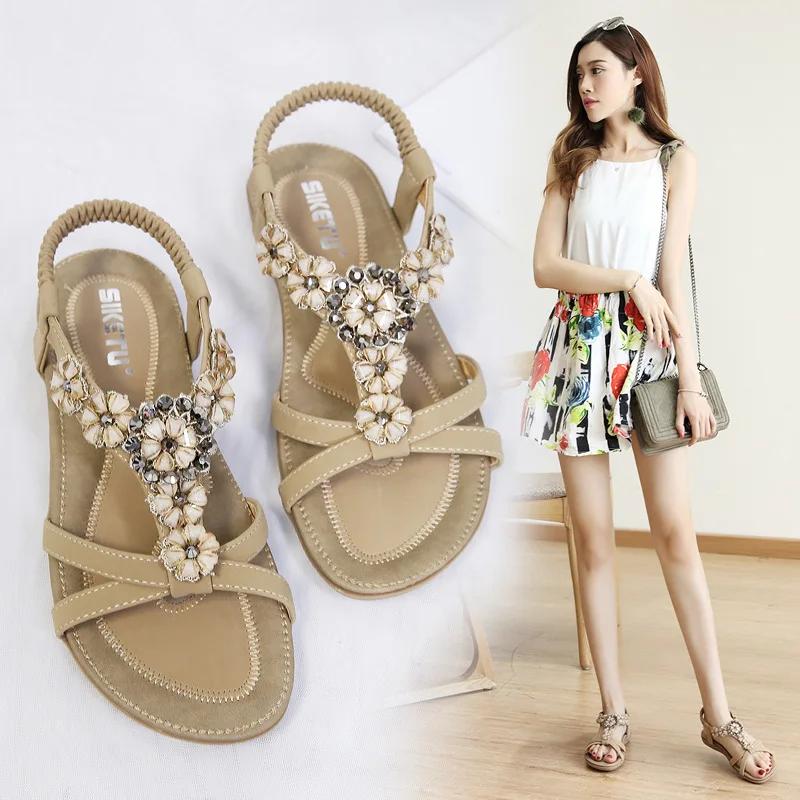 Sandali Piatti Comodi da Donna Taglia Grande Estate Bohemien Fiore Biscotti Scarpe da Spiaggia da Donna
