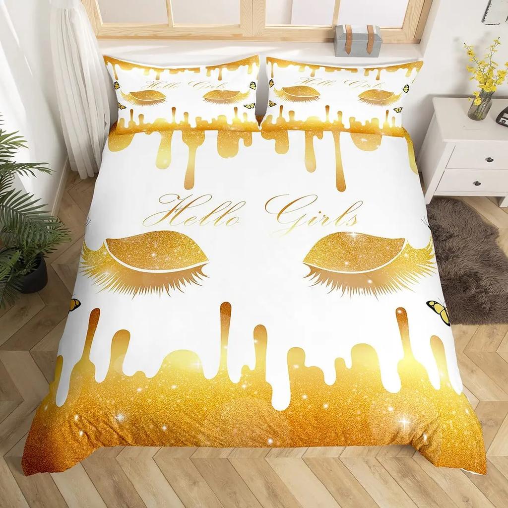 Women Eyelash King Queen Duvet Cover Glitter Galaxy Bedding Set Pink Sequin Ink Fluid Art Quilt Cover Polyester Comforter Cover