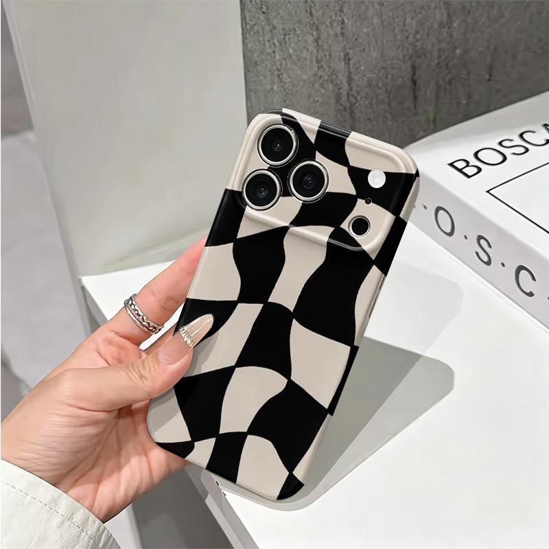 Warped Distorted Checkered Grid Black Cream Abstract Art Film Aesthetic Protective Shockproof Bumper Phone Case Cover For iPhone 14 15 16 Pro Max Plus