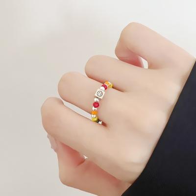 925 Silver Rainbow Beaded Ring Female Summer Colorful Special-Interest Design Cute Silver Accessories Ring