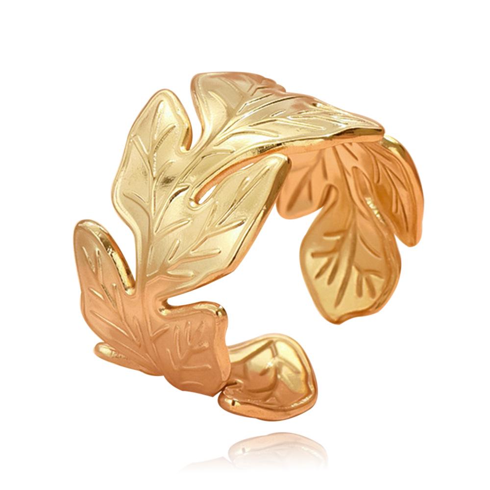 Gold-Plated Stainless Steel Open Ring - Women's Trendy Leaf Design