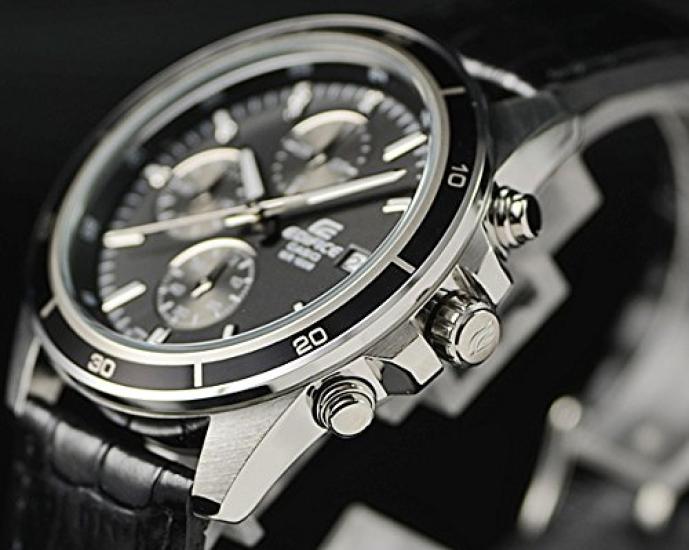 Casio Edifice Chronograph Watch EFR-526L-1AV Men's Black Stainless Steel Leather Strap 42mm 100m