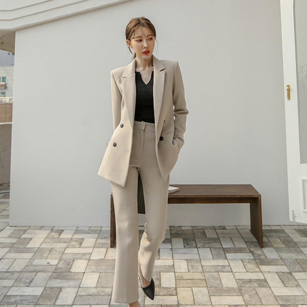 Women's Relaxed Fit 2-Piece Suit Long Sleeve Blazer High Waist Straight Leg Long Pants