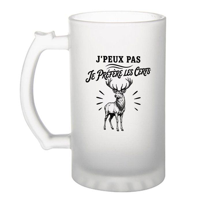 Chope à bière - PLANETEE - J'peux pas je préfère les Cerfs (minimaliste) - Givré - Verre trempé 470 ml - Motif sublimé