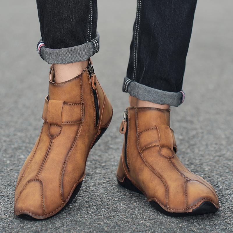 Brand Men High Top Boots Men's Leather Shoes Winter Fashion Plush Warm Outdoor Sneakers Non-Slip Zipper Driving shoes Big Size48