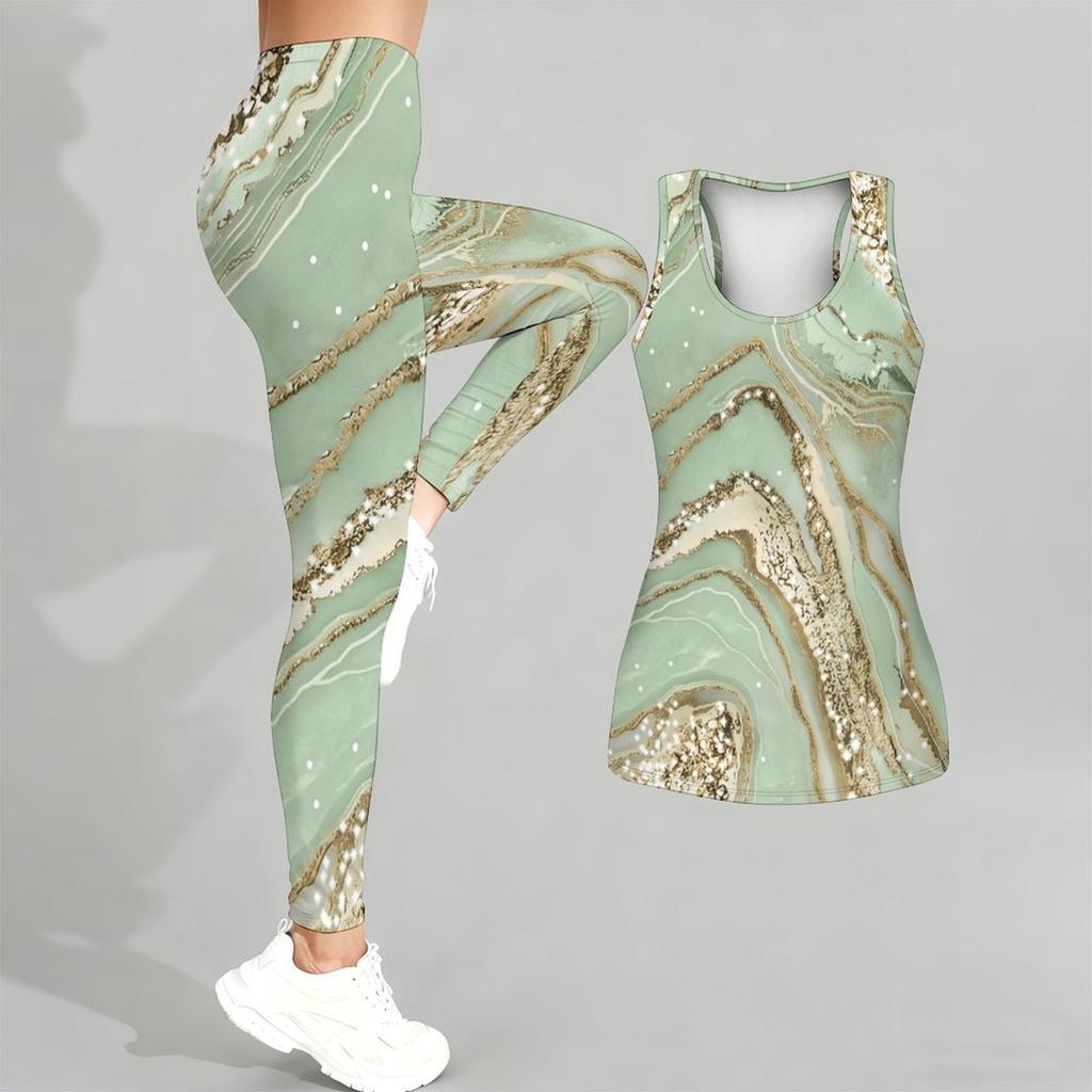 Marble Veining Printed Yoga Outfit for Women Fashion Workout Leggings Fitness Sports Casual Yoga Set Sports Suit