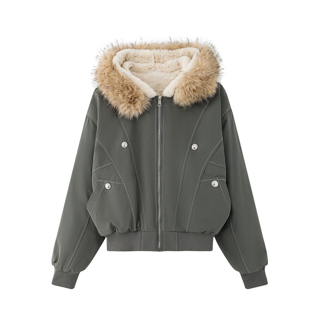 Black pie overcomes American cotton-padded women's winter new small man big fur collar hooded cotton-padded vintage coat