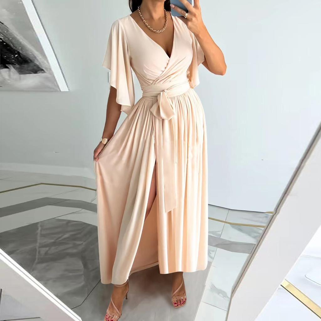 Women's Casual Color Irregular Flared Sleeves Loose V Neck Long Dress