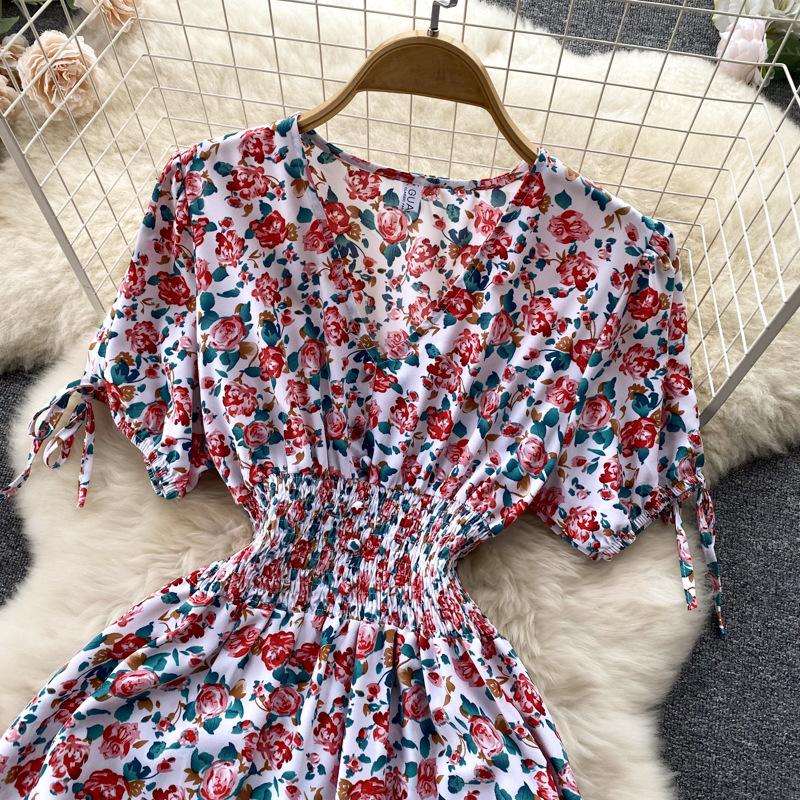 Women Summer Spring Short Sleeve Flower Print V-neck Casual A-Line Ankle-Length High Waist Dress