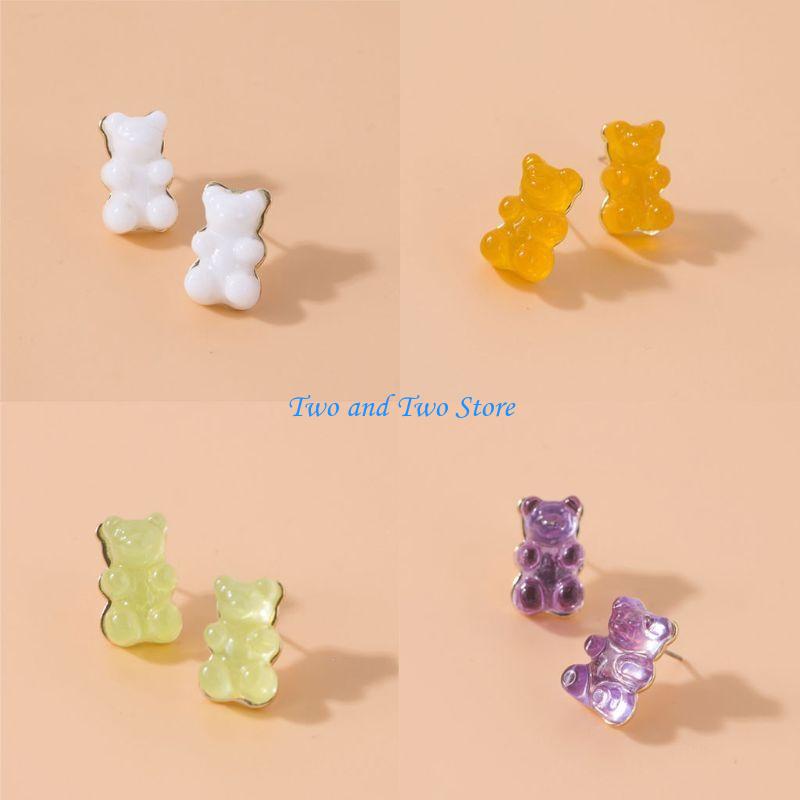 HX6F 8 Pairs Sweet Candy Color Gummy Bear Earrings Resin Bear Post Earrings Set CN