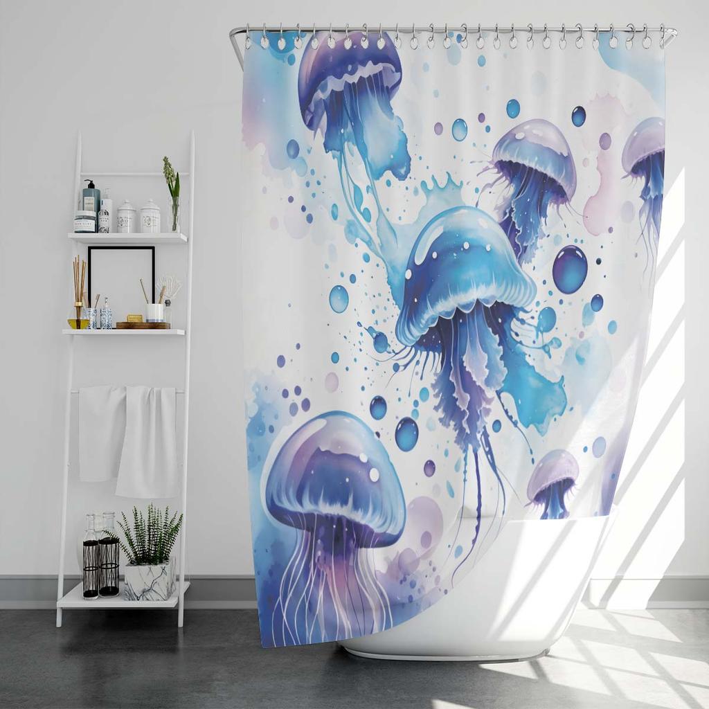 1PC Watercolor jellyfish pattern printed shower curtain, waterproof, with 12 hooks, bathroom showers, bathtub, home use