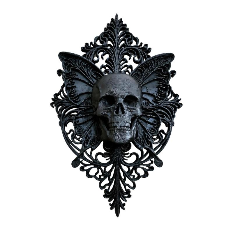 Halloween Skeleton Wall Art Black Skull Butterfly Wall Decors, Single-Form Plastic Plaque with Raised Relief and Intricate Scrolling Detail for