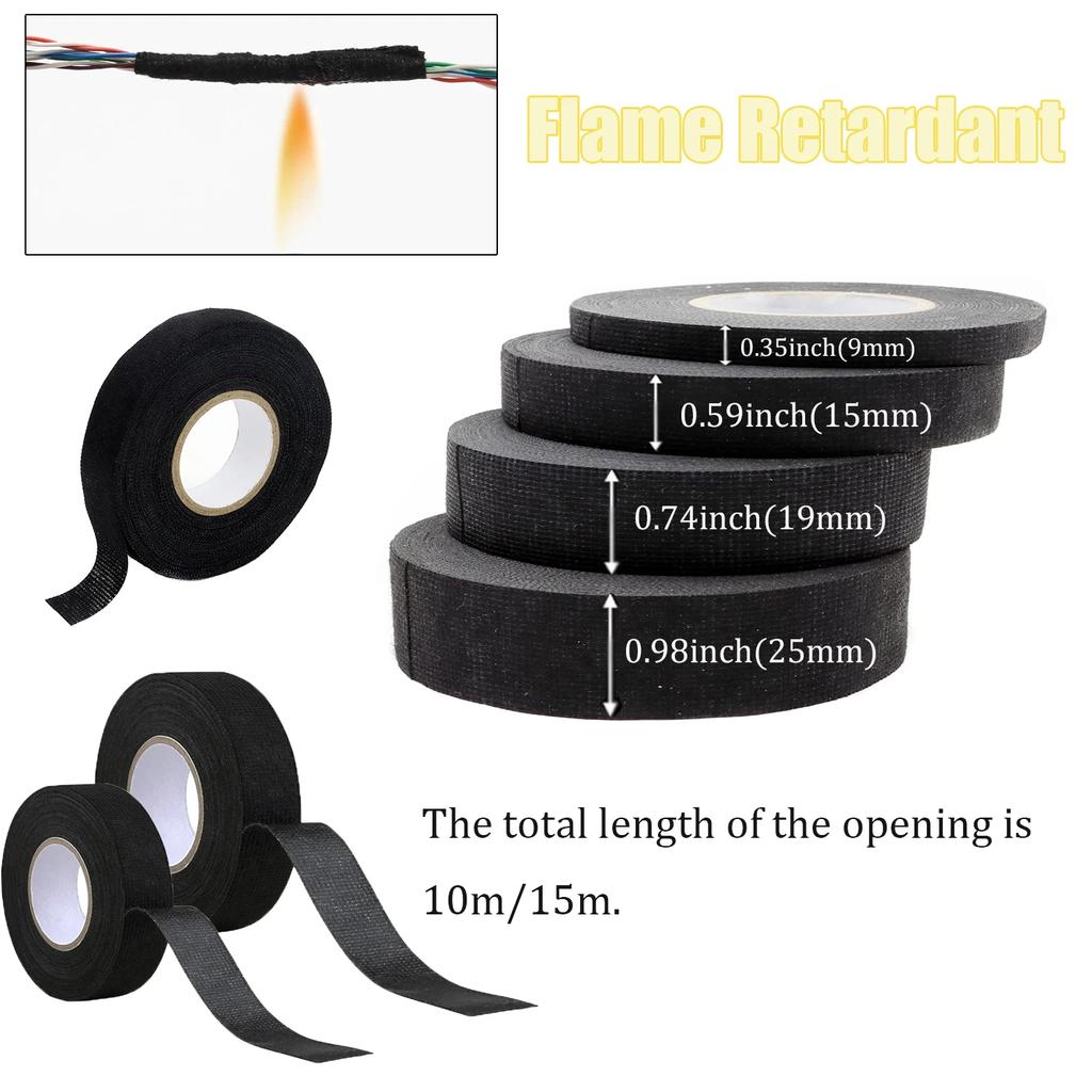 10/15M 9/15/19/25mm Heat-resistant Adhesive Cloth Fabric Tape For Automotive Cable Tape Harness Wiring Loom Electrical Heat Tape