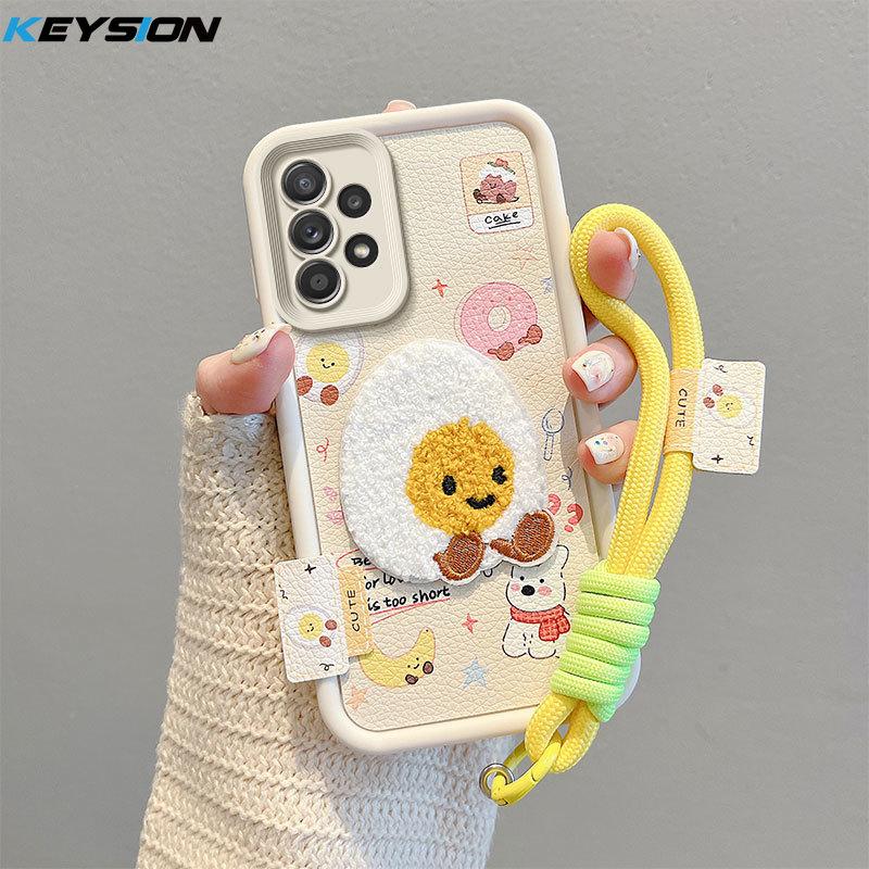 KEYSION Cartoon Cute Plush Embroidery Case for Samsung A52 5G A52S A51 with Lanyard Shockproof Phone Cover for Galaxy A32 4G