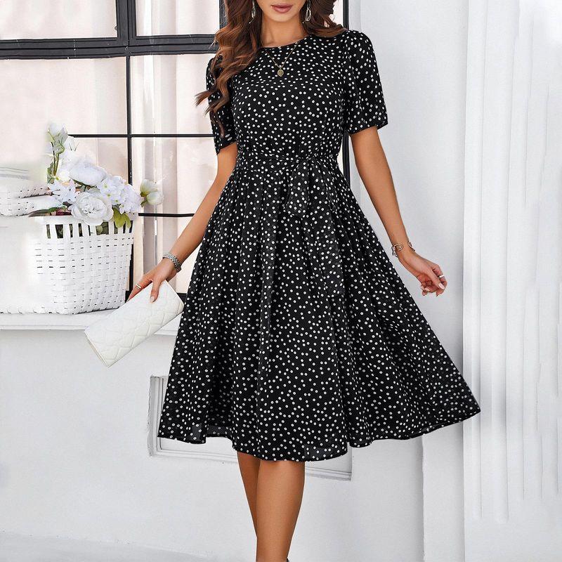 European and American Women clothes 2025 Spring and Summer Elegant Casual Polka Dot Lace-up Long dress Dress Polka Dot Dress