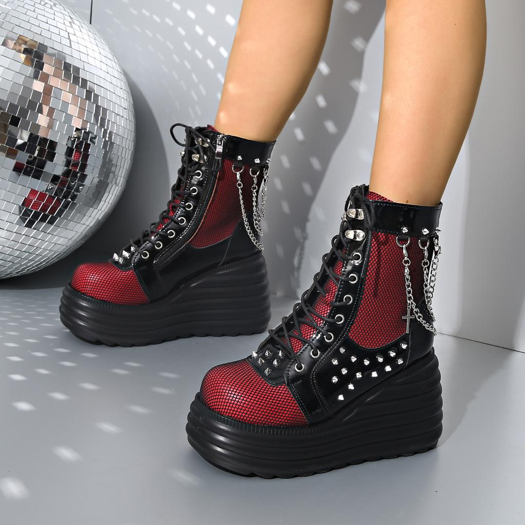 Gothic Y2k Women Ankle Punk Wedges High top Heels Platform Stacked Sole Metal Rivet Chain Decor Short For Woman Autumn W