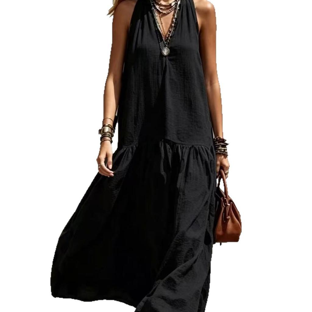 Spot TK new European and American loose v-neck sleeveless solid color dress