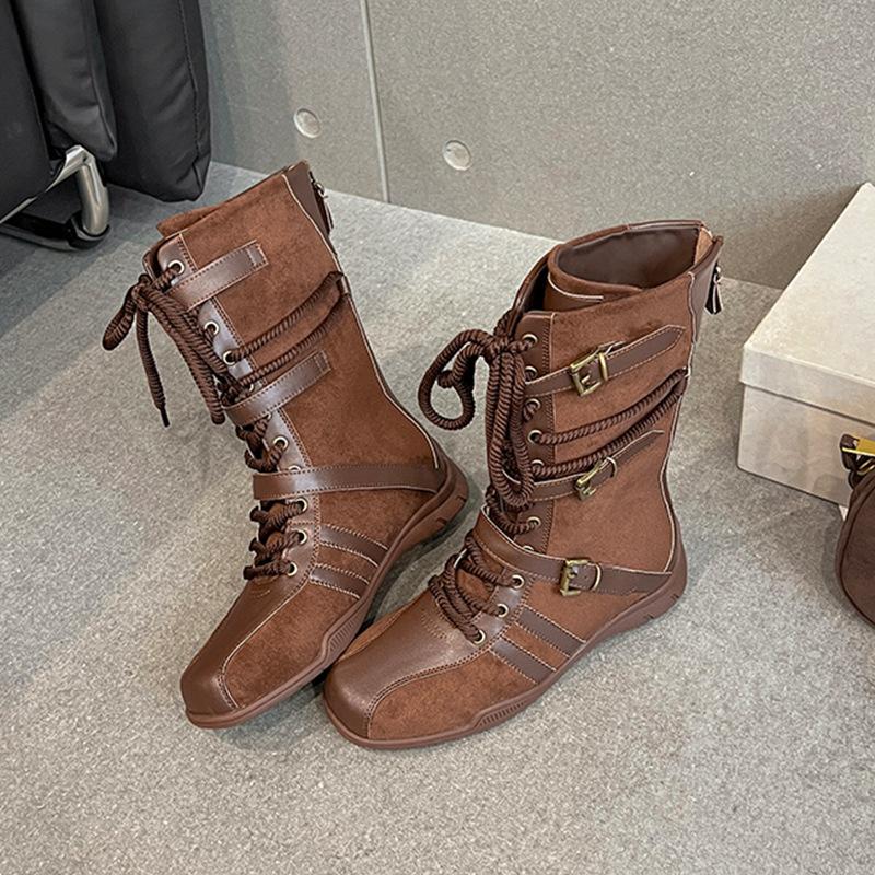 Cowhide Version~ Inner Height Increase Retro Leather Boxing Boots Women's Niche Belt Buckle Short Boots Rear Zipper Martin Boots