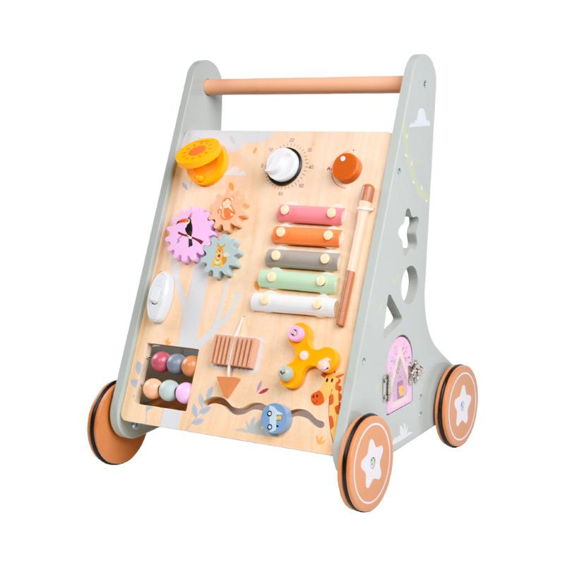 Ins Nordic Style Shopping Slidable Toddler Trolley Wooden Beads Percussion Gears Cognitive Playhouse Toys